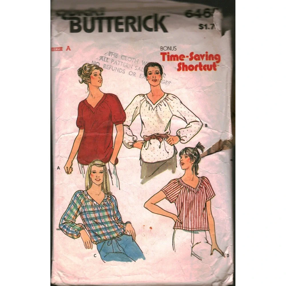 Vintage Butterick 6465 Misses Tops Sewing Pattern Size A Petite CUT